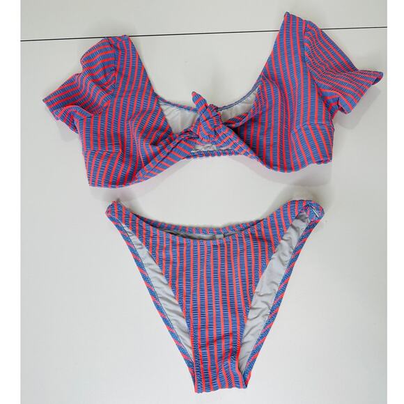 Solid & Striped Lilac & Orange Striped Front Tie Bikini 2 Piece Bathing Suit M - Picture 1 of 12
